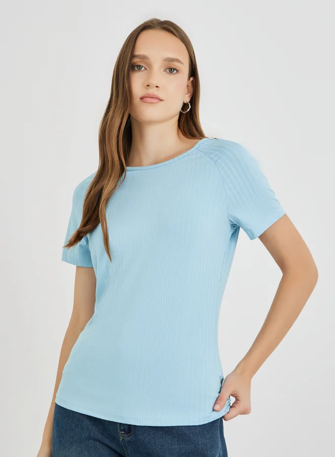 تايك تو Take Two Textured Round Neck Short Sleeve T-Shirt