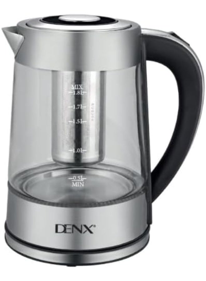 DENX DX3408 غلاية مياه كهربائية زجاجية، سعة 1.8 لتر، بقدرة 1500 واط مع غليان سريع، هيكل من زجاج البوروسيليكات عالي المقاومة للحرارة، فلتر من الستانلس ستيل 304، مزودة بخاصية الحماية من التشغيل الجاف، وقاعدة لاسلكية.