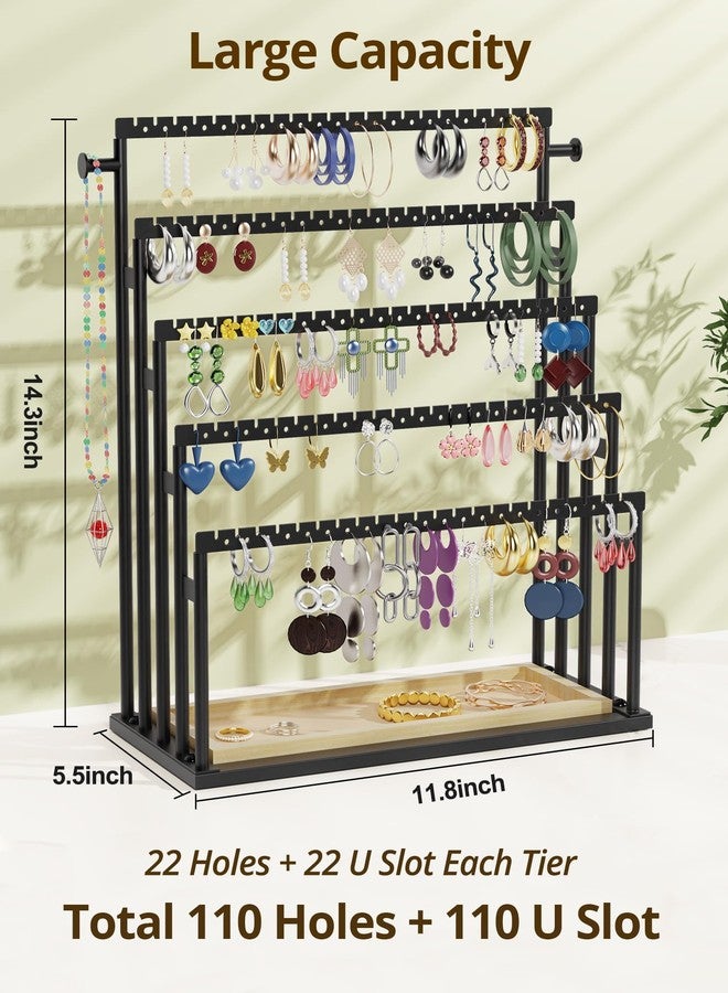 TIPSYTREE Earring Holder Organizer, 5-Tier Step Jewelry Display Stand with Metal Frame and Wooden Storage Box, Large Earring Holder for Studs, Hoops, Dangles, Modern Jewelry Organizer for Women - Image 2