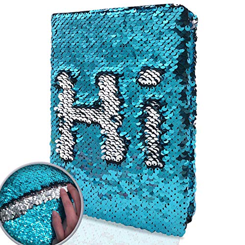 GINMLYDA Sequin Girls Journal for Kids 85x55 Inches 160 Lined Pages Diary for Girls and Boys Reversible Flip Sequence Notebook for Teen Pre School Writing Drawing Travel Gifts Lake Blue to Sliver - Image 1