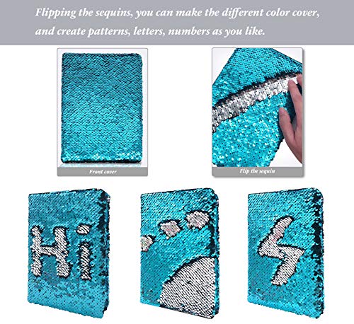 GINMLYDA Sequin Girls Journal for Kids 85x55 Inches 160 Lined Pages Diary for Girls and Boys Reversible Flip Sequence Notebook for Teen Pre School Writing Drawing Travel Gifts Lake Blue to Sliver - Image 5