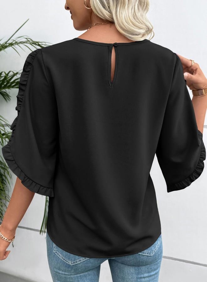 EVALESS 3/4 Length Sleeve Womens Tops Dressy Casual Blouses Crewneck Ruffle Sleeve Shirts Spring Outfits Business Work Tops, Black, L - Image 4