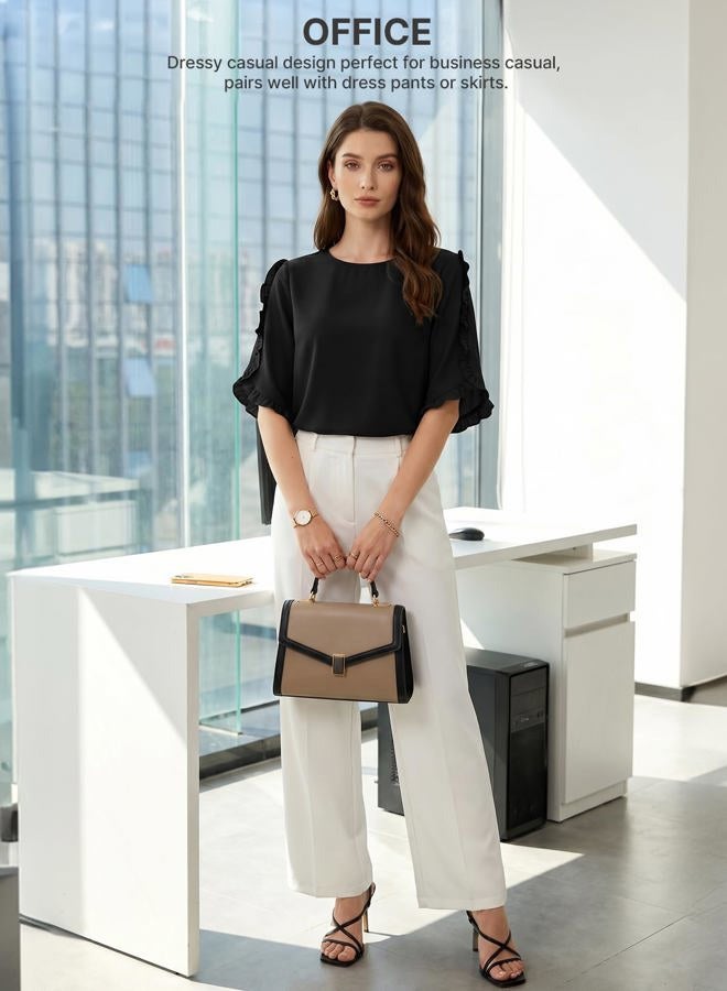 EVALESS 3/4 Length Sleeve Womens Tops Dressy Casual Blouses Crewneck Ruffle Sleeve Shirts Spring Outfits Business Work Tops, Black, L - Image 5