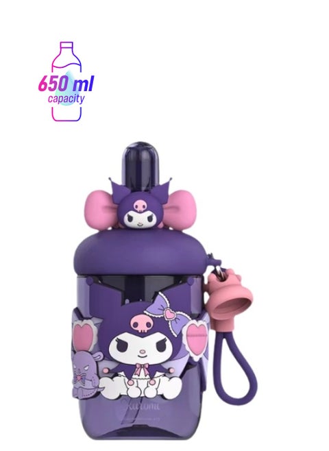 Sanrio Kawaii Style Kuromi Kids Water Bottle, Pink Cartoon Design with 3D Figure Top, Portable Drinks Container with Strap