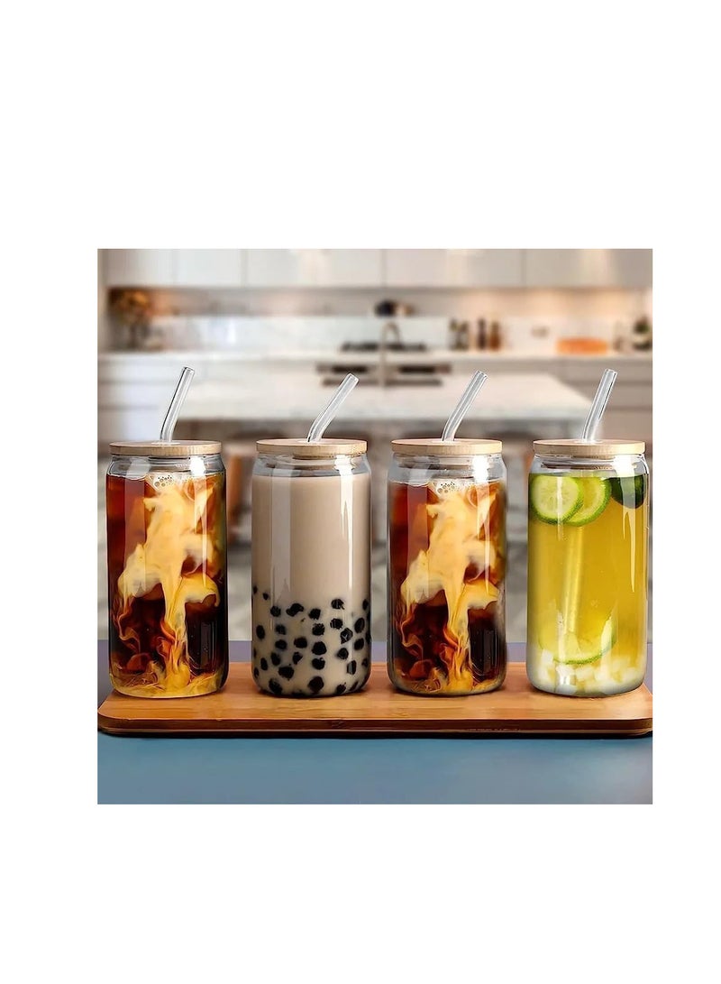 Glass Cup with Straw for Cold Drinks and Juices with Wooden Lid 350, 400ml - Clear - Image 3