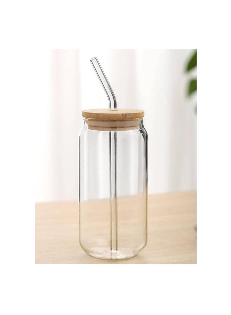 Glass Cup with Straw for Cold Drinks and Juices with Wooden Lid 350, 400ml - Clear - Image 1