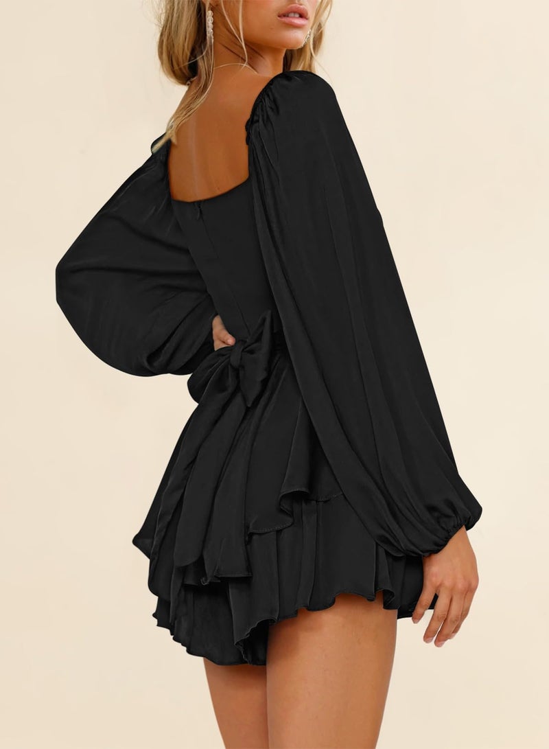 Fixmatti Women Shorts Jumpsuit Lantern Long Sleeve off Shoulder Chiffon Romper Ruffle Playsuit Black M - Image 5