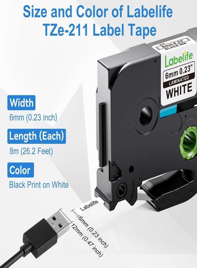 Labelife 6mm Label Tape TZe-211 Replacement for Brother P Touch TZe TZ Tape 6mm 0.23 Laminated White Label Tape TZe211 TZ-211 for Brother Label Maker PT-D210 PT-D220 PT-H110 PT-D200, 1/4 Inch, 5-Pack - Image 2