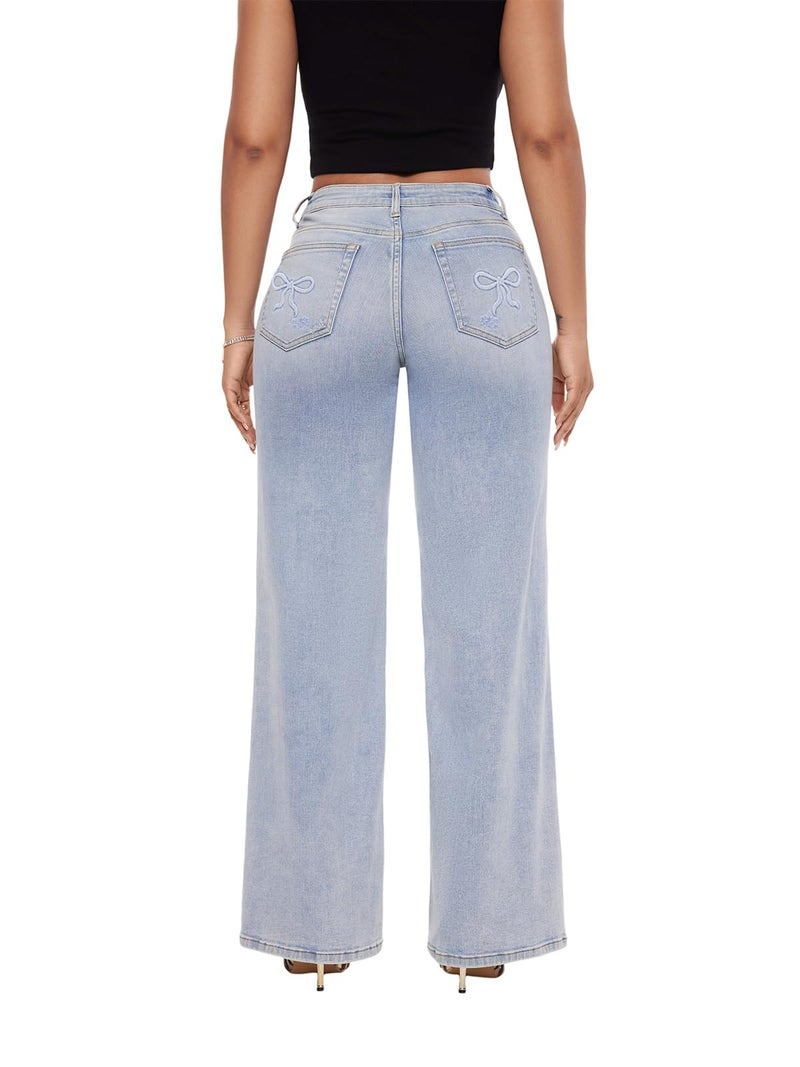 ONESO Mid-Low Rise Baggy Jeans Wide Leg for Women Distressed Pants Stretchy Bottom Lady Basic Comfortable Denim Embroidery - Image 2
