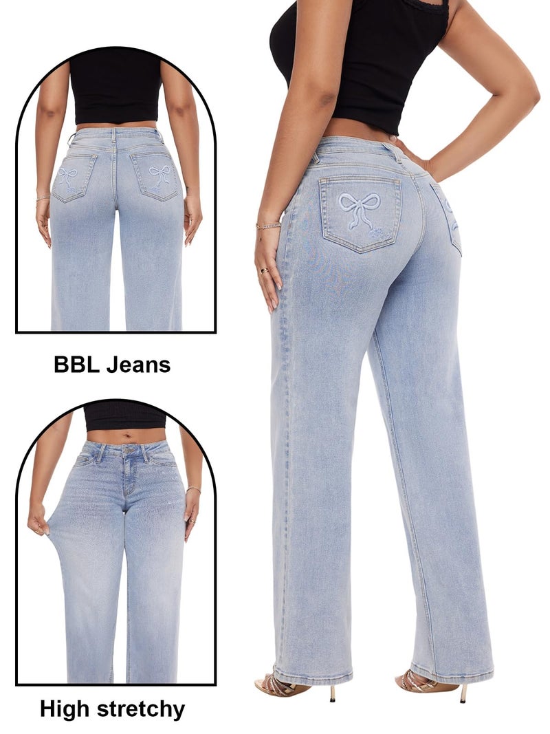 ONESO Mid-Low Rise Baggy Jeans Wide Leg for Women Distressed Pants Stretchy Bottom Lady Basic Comfortable Denim Embroidery - Image 4