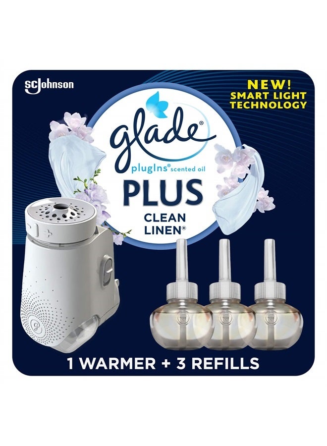 Glade PlugIn Plus Air Freshener Starter Kit, Scented Oil for Home and Bathroom, Clean Linen, 2.01 Fl Oz, 1 Warmer + 3 Refills