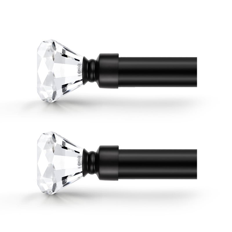 Orger 2 Pack 1 Inch Diamond Curtain Rod Telescoping for Windows from 30 to 40 Black Curtain Rods Adjustable Decorative Single Curtain Rod Set with Modern Diamond Design