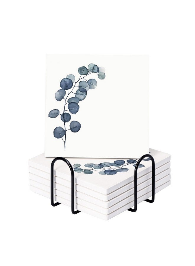 Homestic Homestic Set of 6 Diatomite Blueberry Print Square Coasters with Cork Steel Holder Stand for Hot Pots - Water Absorbent Tea Cup & Water Glass Cover Top Lid | White-SOV004-07  - Image 2