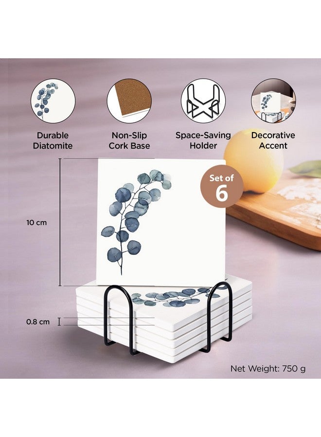 Homestic Homestic Set of 6 Diatomite Blueberry Print Square Coasters with Cork Steel Holder Stand for Hot Pots - Water Absorbent Tea Cup & Water Glass Cover Top Lid | White-SOV004-07  - Image 4