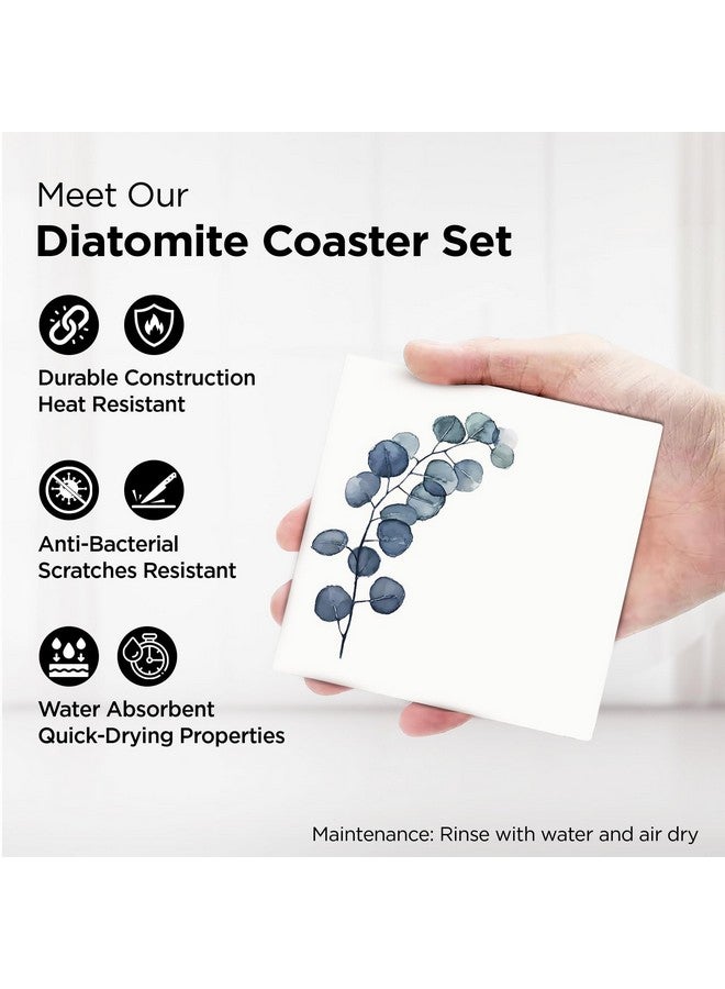 Homestic Homestic Set of 6 Diatomite Blueberry Print Square Coasters with Cork Steel Holder Stand for Hot Pots - Water Absorbent Tea Cup & Water Glass Cover Top Lid | White-SOV004-07  - Image 3