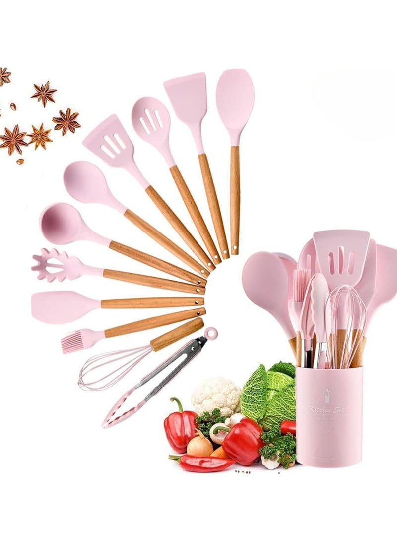 مجموعة أدوات مطبخ مودانوير، 12 قطعة، أدوات طهي من السيليكون، ملعقة مسطحة، ملاعق خشبية مقاومة للحرارة، أدوات مطبخ غير لاصقة (وردي) - Image 1