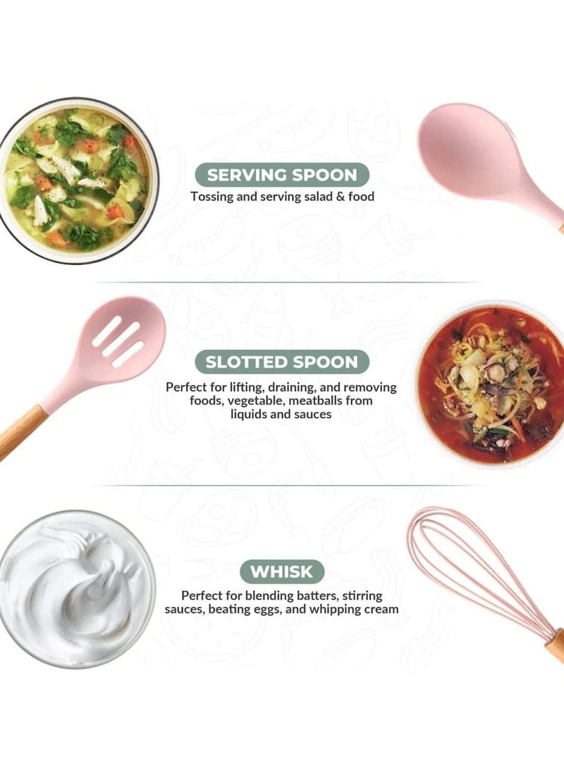 مجموعة أدوات مطبخ مودانوير، 12 قطعة، أدوات طهي من السيليكون، ملعقة مسطحة، ملاعق خشبية مقاومة للحرارة، أدوات مطبخ غير لاصقة (وردي) - Image 4