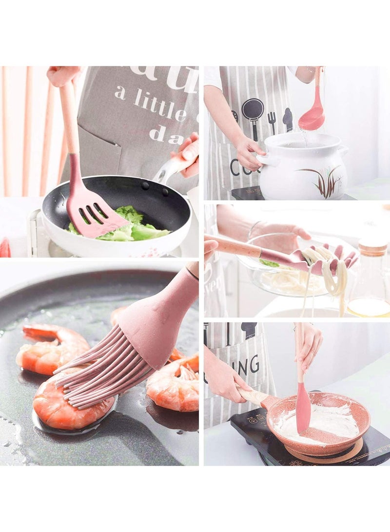 مجموعة أدوات مطبخ مودانوير، 12 قطعة، أدوات طهي من السيليكون، ملعقة مسطحة، ملاعق خشبية مقاومة للحرارة، أدوات مطبخ غير لاصقة (وردي) - Image 5
