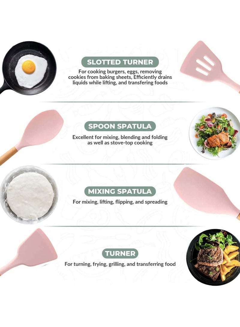 مجموعة أدوات مطبخ مودانوير، 12 قطعة، أدوات طهي من السيليكون، ملعقة مسطحة، ملاعق خشبية مقاومة للحرارة، أدوات مطبخ غير لاصقة (وردي) - Image 3