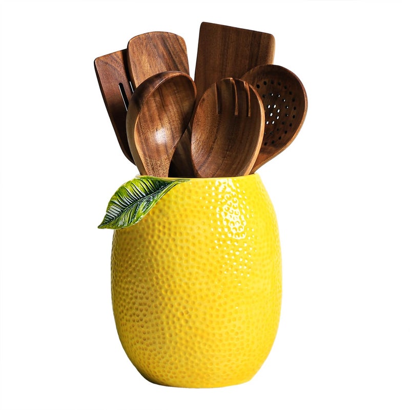 Bicuzat Lemon Shaped Ceramic Kitchen Utensil Holder Large Cooking Utensil Crocks for Kitchen Countertop Ceramic Utensil Organizer for SpatulaA - Image 2