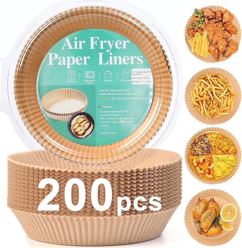 Adhjito 200pcs Air Fryer Disposable Liner, Non-Stick Parchment Paper for Baking, Oil-Proof, Water-Proof, Food Grade (6.3" Bottom, 7.9" Top) - Image 1