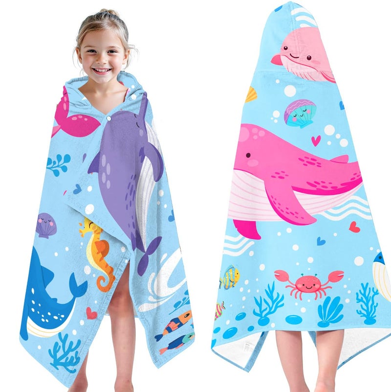 HEIFAM Hooded Beach Towels Kids, Cute Whale Beach Towel, Baby Surf Poncho, Pink Blue Kids Towel Wrap, Girls Boys Pool Towel for Sports Pool Picnic Camping Travel Swim, Summer Gift, 30”x50” - Image 1