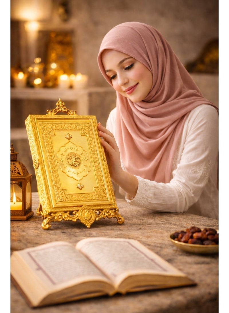 OLUDENIZ 3-Piece Full Metal Large Luxury Quran Holder and Decorative Box Set with Gold-Edged Mushaf - Image 2