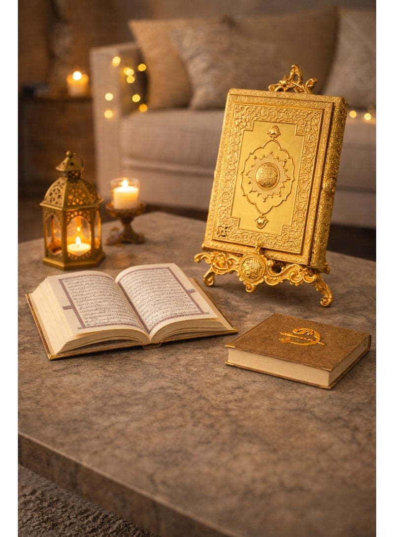 OLUDENIZ 3-Piece Full Metal Large Luxury Quran Holder and Decorative Box Set with Gold-Edged Mushaf - Image 3