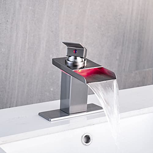 AVSIILE LED Bathroom Sink Faucet, Brushed Nickel Waterfall Single Hole Handle Vanity Faucets for Sinks 1 Hole with Metal Pop Up Drain and 2 Water Supply Lines, Stainless Steel Spout - Image 2