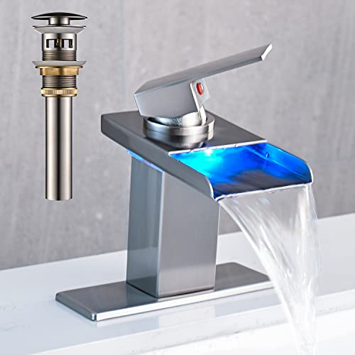 AVSIILE LED Bathroom Sink Faucet, Brushed Nickel Waterfall Single Hole Handle Vanity Faucets for Sinks 1 Hole with Metal Pop Up Drain and 2 Water Supply Lines, Stainless Steel Spout - Image 1