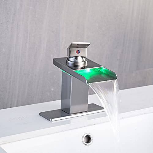 AVSIILE LED Bathroom Sink Faucet, Brushed Nickel Waterfall Single Hole Handle Vanity Faucets for Sinks 1 Hole with Metal Pop Up Drain and 2 Water Supply Lines, Stainless Steel Spout - Image 3