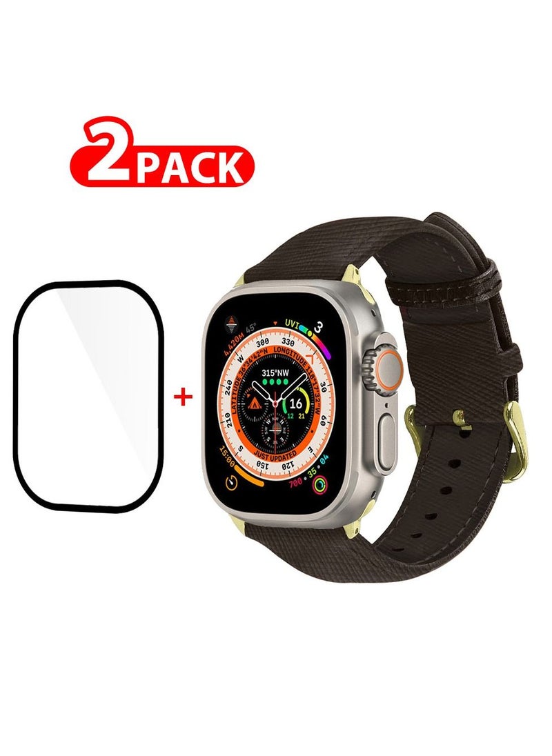CATANES 2 Packs For Apple Watch Band 49mm Leather Band Buckle Strap Wristband and 3D Screen Protector Dim Grey  - Image 1