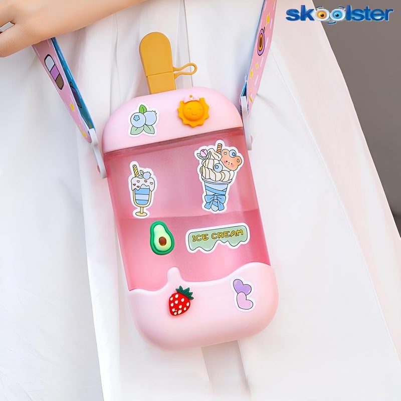 Skoolster Cute Kids’ Water Bottle – Ice Cream-Themed, 400 ML, BPA-Free, Leak-Proof, with Stickers & Adjustable Strap – Lightweight & Durable for School & Travel (Purple) - Image 4
