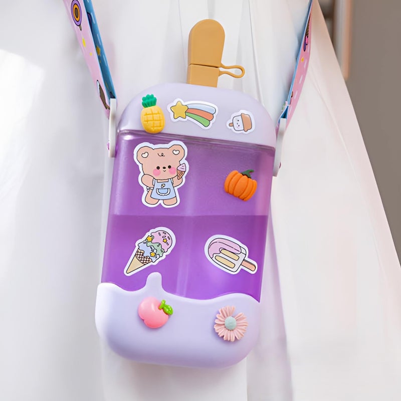 Skoolster Cute Kids’ Water Bottle – Ice Cream-Themed, 400 ML, BPA-Free, Leak-Proof, with Stickers & Adjustable Strap – Lightweight & Durable for School & Travel (Purple) - Image 1