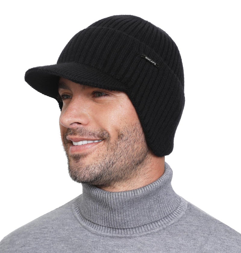 Wmcaps Winter Beanie with Brim and Ear Flaps, Outdoor Warm Fleece Lined Knit Hat Stocking Caps for Men Women Black - Image 1