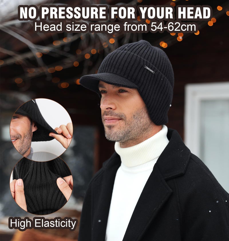 Wmcaps Winter Beanie with Brim and Ear Flaps, Outdoor Warm Fleece Lined Knit Hat Stocking Caps for Men Women Black - Image 4