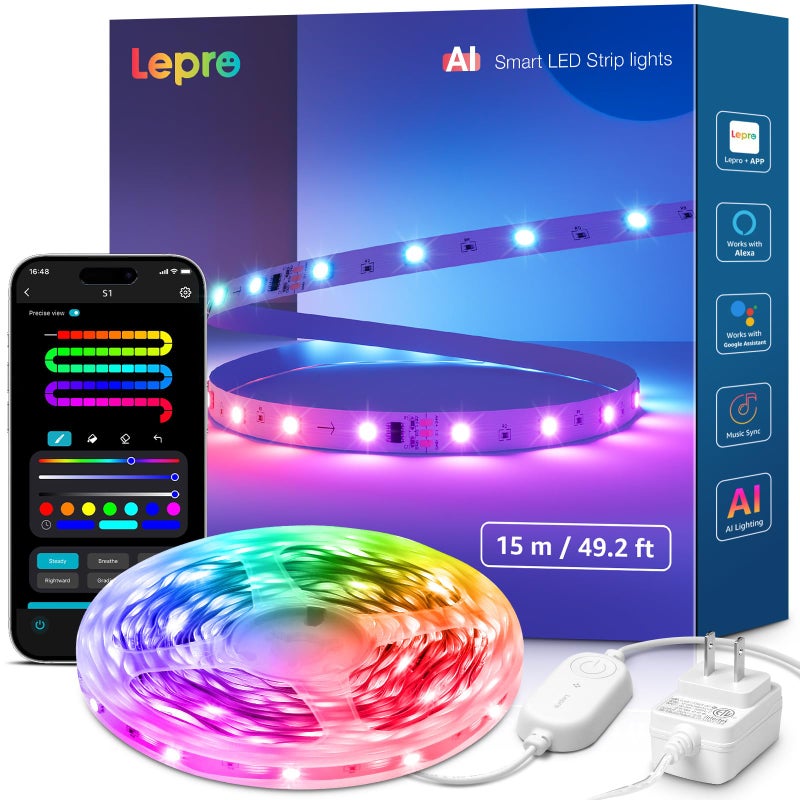 Lepro S1 AI LED Strip Lights for Bedroom - 50ft Smart RGB Light Strips with IC and Rainbow Chasing Effects, Color Segment DIY, Personalized Al Lighting Designer, No Remote, 2.4G Wi-Fi & Bluetooth - Image 1
