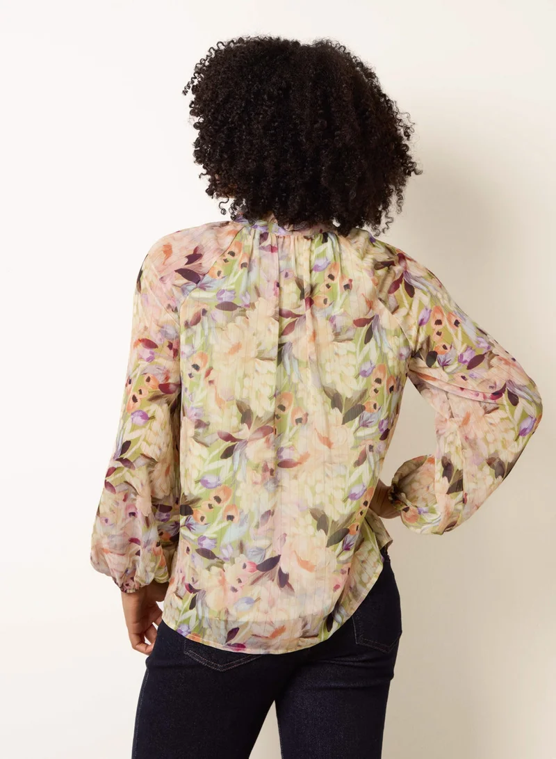 Blue Vanilla Watercolour Floral Printed Tie Front Blouse