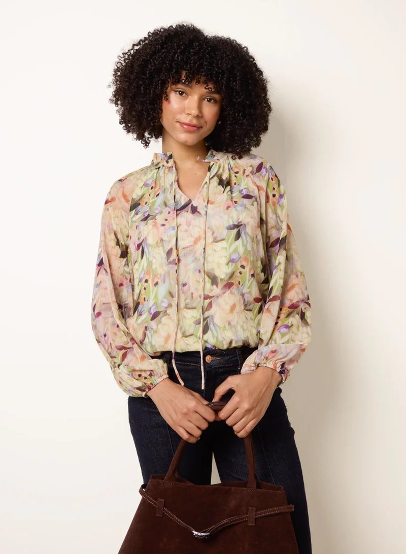 Blue Vanilla Watercolour Floral Printed Tie Front Blouse