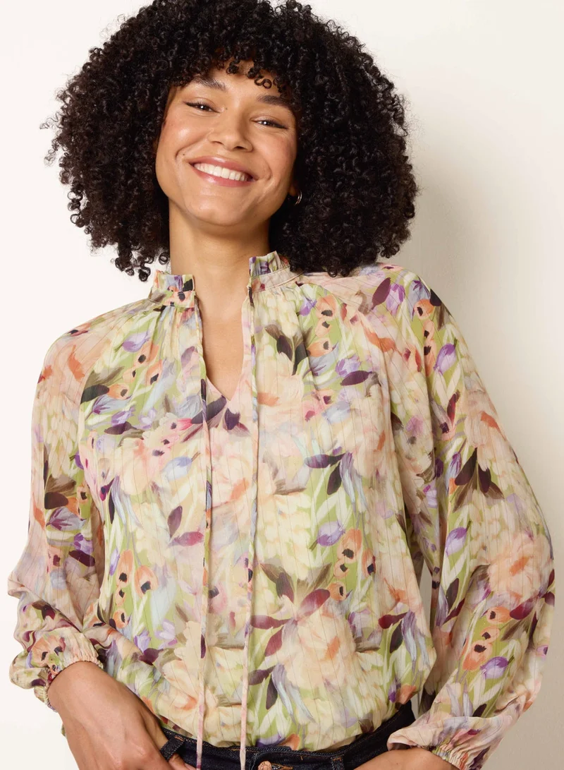 Blue Vanilla Watercolour Floral Printed Tie Front Blouse