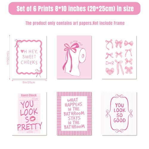 Whaline 6Pcs Pink Bow Bathroom Wall Art Prints Bowknot Coquette Paper Posters 8 x 10 Inch Preppy Picture Decoration For Bathroom Washroom Restroom, Unframed - Image 2