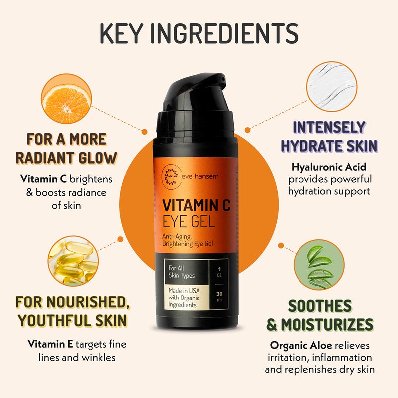 Eve Hansen Vitamin C Eye Gel Under Eye Cream for Dark Circles and Puffiness - Anti-Aging Repair Cream with Hyaluronic Acid - Rejuvenating Treatment for All Skin Types - Brightening - 1 oz - Image 3