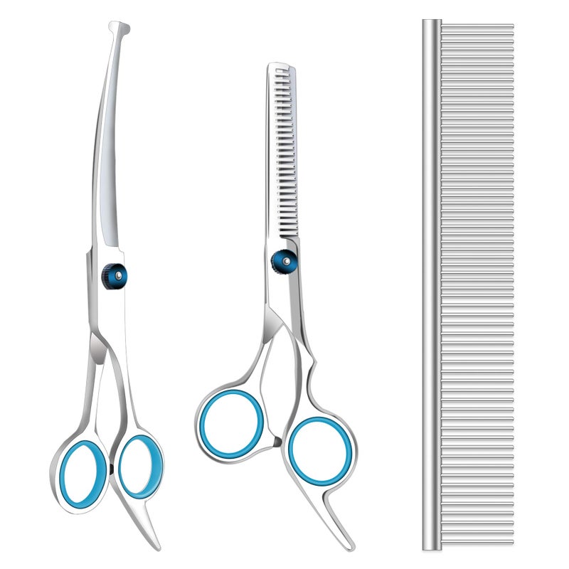 Maxshop Dog Grooming Scissors with Safety Round Tips, Heavy Duty Titanium Pet Grooming Trimmer Kit, Professional Thinning Shears, Curved Scissors with Comb for Dogs and Cats (Set of 3) - Image 1