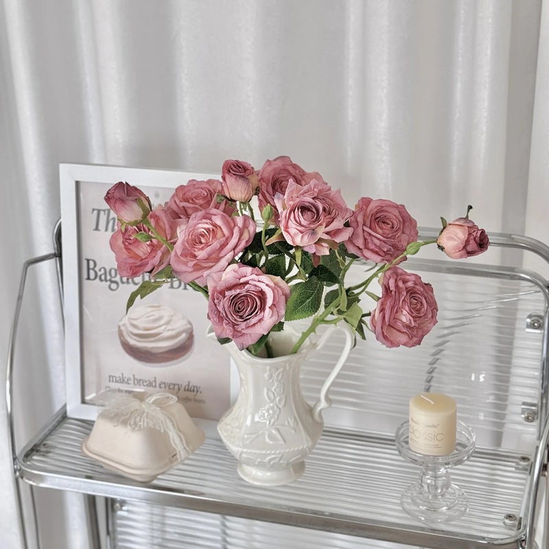 Bluejw Vintage 3-Headed Rose Oil Painting Style Artificial Dried Flowers Bouquet with Burnt Edges – Handheld Decorative Dried Plants for Photo Props & Home Decor - Image 5