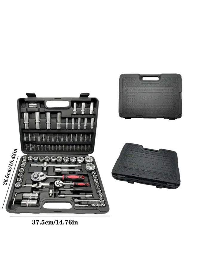 Black 94 Tool Set with Storage Box 1 2 1 4 3 8 SAE Metric Deep Wrenches Standard Socket Combo - Image 4