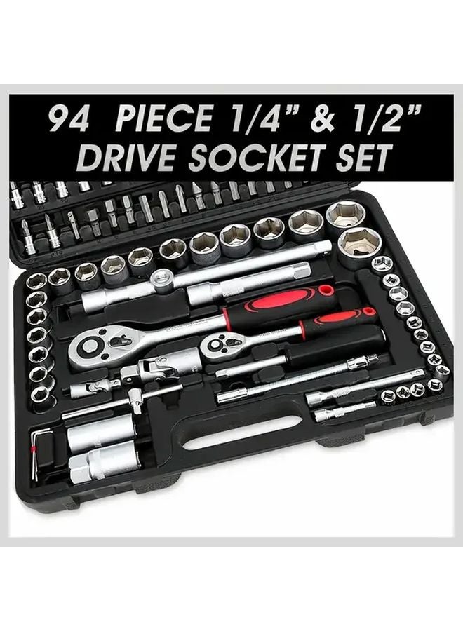 Black 94 Tool Set with Storage Box 1 2 1 4 3 8 SAE Metric Deep Wrenches Standard Socket Combo - Image 2