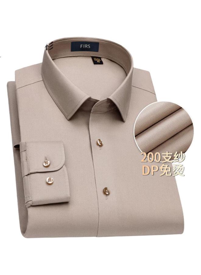 Firs 200 Thread Count Non-Iron Dress Shirt Men'S Long Sleeve Wrinkle Resistant High-End Pure Cotton Shirt Khaki Color Size 42 - Image 2