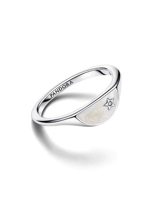 PANDORA Halved signet sterling silver ring with clear cubic zirconia and shimmering white enamel