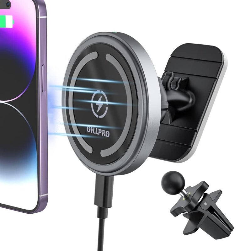 OHLPRO for MagSafe Car Mount Charger iPhone Wireless Car Charger, Stick on Dashboard Magnetic Phone Holder Mount for iPhone 17 Pro Plus Max 16 15 14 13 12 Series, 15W Fast Charging, Aluminum Shell - Image 1