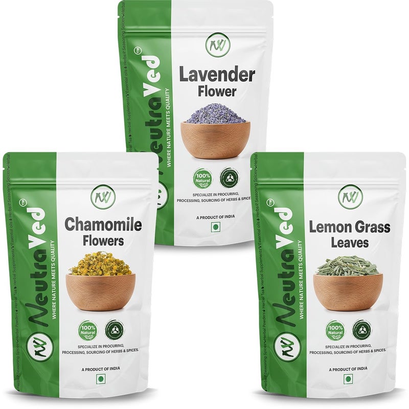 NeutraVed Lavender Dried Flowers, Chamomile Flowers, Lemongrass Herbal Tea Pack 200g - Image 1